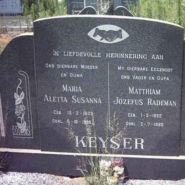 KEYSER Matthiam Jozefus Rademan 1892-1966 &amp; Maria Aletta Susanna 1903-19?0