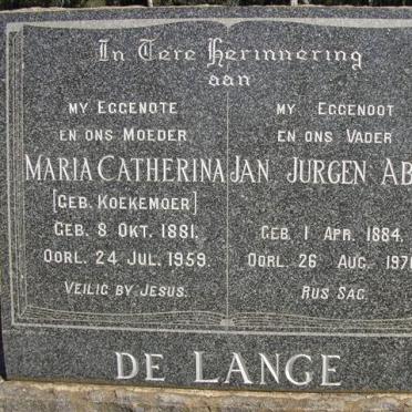 LANGE Jan Jurgens Abel, de 1884-1970 &amp; Maria Catherina KOEKEMOER 1881-1959