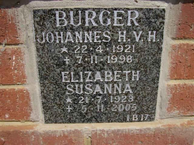 BURGER Johannes H.V.H. 1921-1998 &amp; Elizabeth Susanna 1923-2005