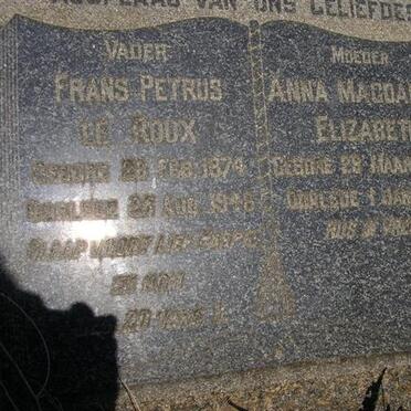 ROUX Frans Petrus, le 1874-1948 &amp; Anna Magdalena Elizabeth 1886-1964