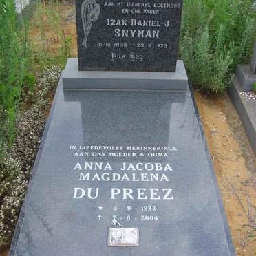 SNYMAN Izak Daniel J. 1933-1973 &amp; Anna Jacoba Magdalena DU PREEZ 1933-2004