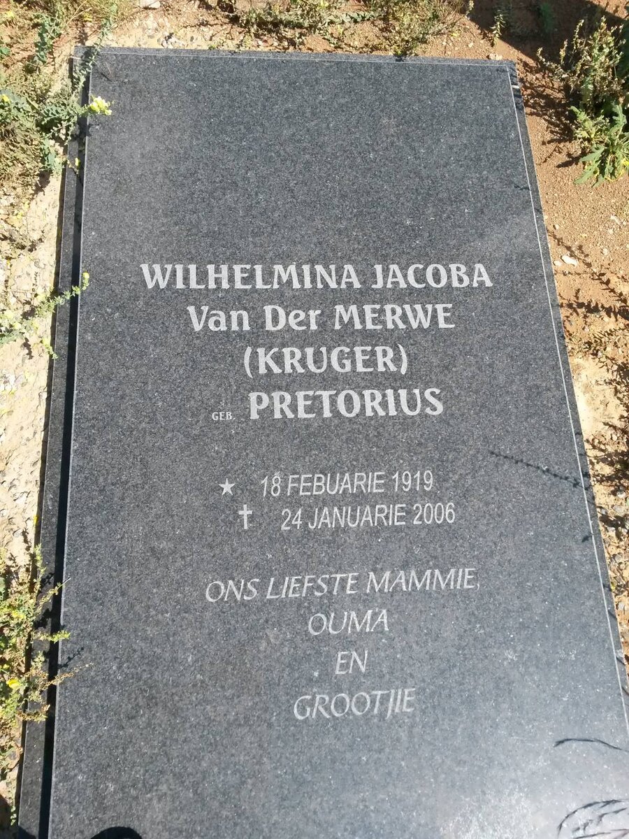 MERWE Wilhelmina Jacoba, van der formerly KRUGER nee PRETORIUS 1919-2006
