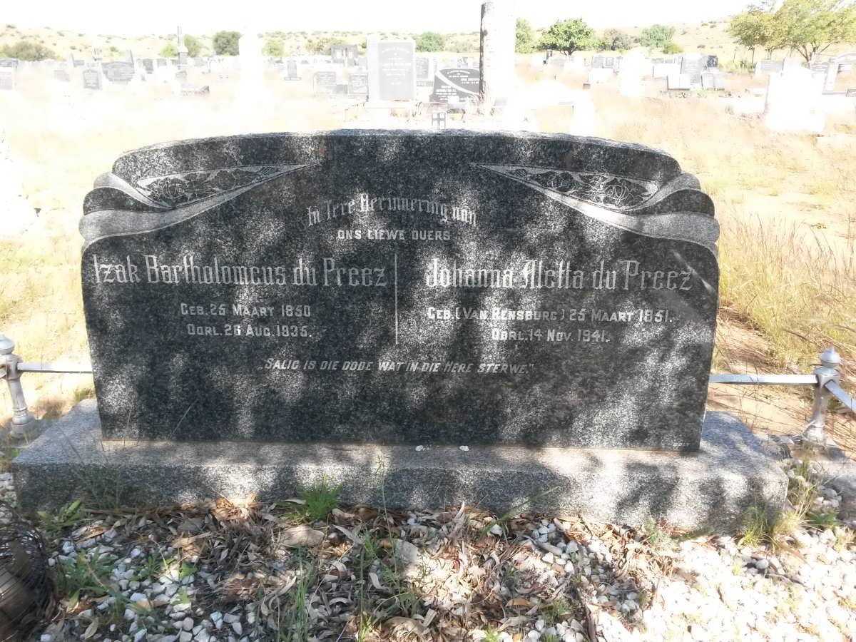 PREEZ Izak Bartholomeus, du 1850-1935 &amp; Johanna Aletta VAN RENSBURG 1851-1941