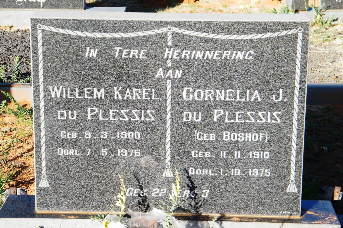 PLESSIS Willem Karel, du 1900-1976 &amp; Cornelia J. BOSHOF 1910-1975