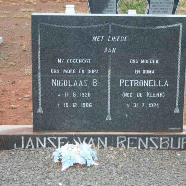 RENSBURG Nicolaas B., Janse van 1920-1986 &amp; Petronella DE KLERK 1924-