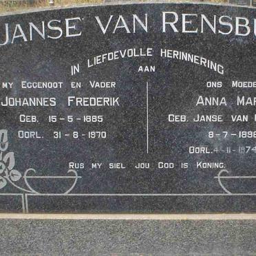 RENSBURG Johannes Frederik, Janse van 1885-1970 &amp;  Anna Maria JANSE VAN RENSBURG 1896-1974