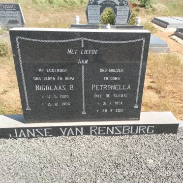 RENSBURG Nicolaas B., Janse van 1920-1986 &amp; Petronella DE KLERK 1924-2010