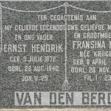 BERG Ernst Hendrik, van den 1872-1940 &amp; Fransina M.S. KRUGER 1887-1974