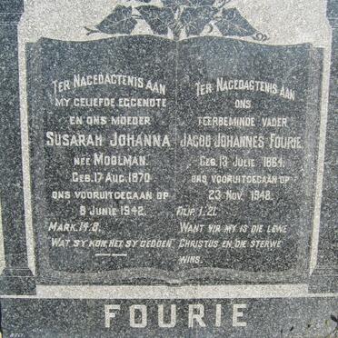 FOURIE Jacob Johannes 1964-1948 &amp; Susarah Johanna MOOLMAN 1870-1942  