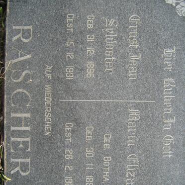 RASCHER Ernst Jean Sylvester 1896-1931 &amp; Maria Elizabeth BOTHA 1892-1928