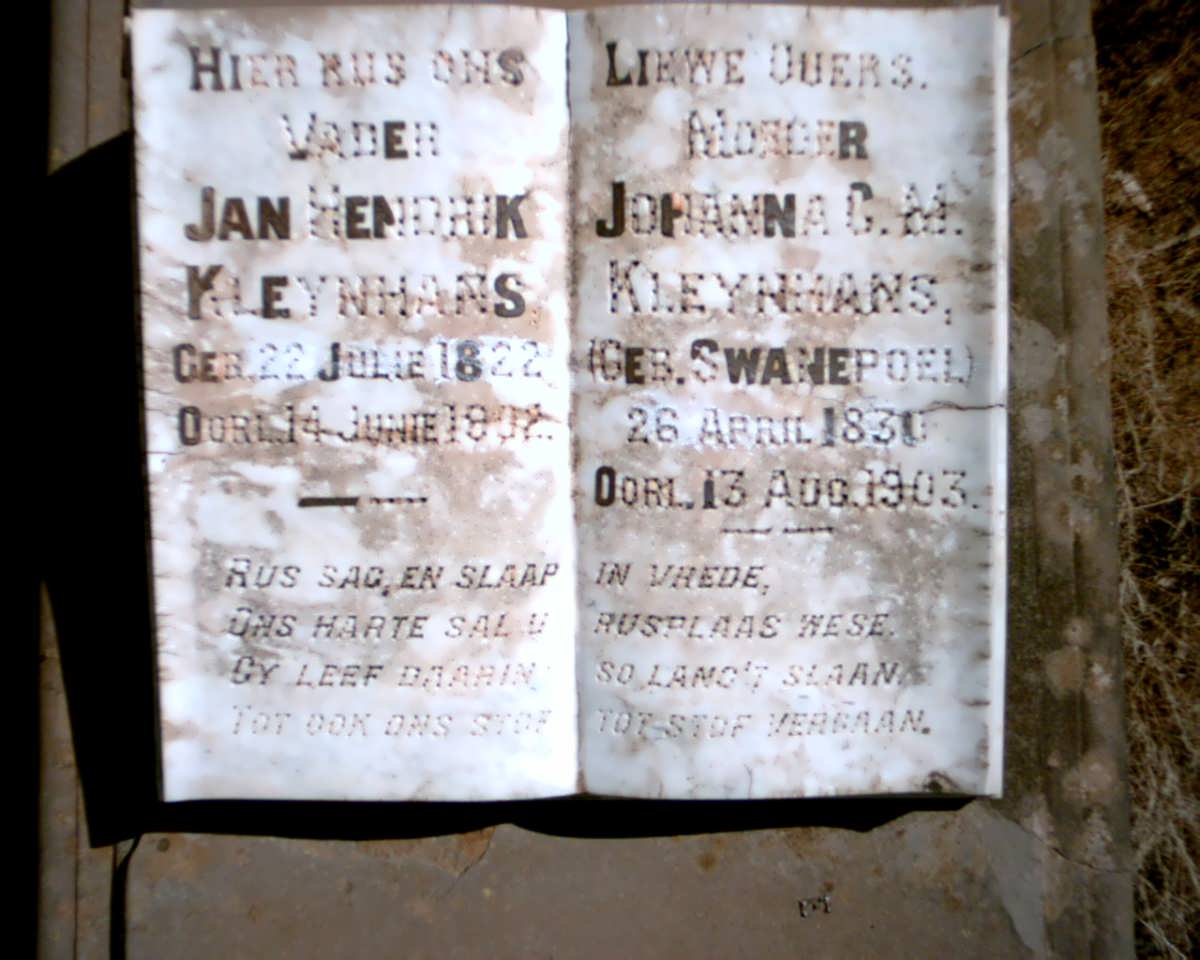 KLEYNHANS Jan Hendrik 1822-1902 &amp; Johanna C.M. SWANEPOEL 1830-1903