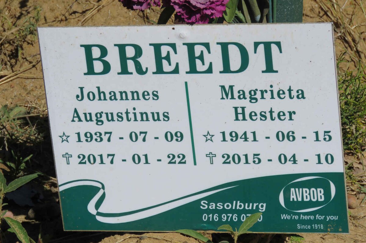 BREEDT Johannes Augustinus 1937-2017 &amp; Magrieta Hester 1941-2015