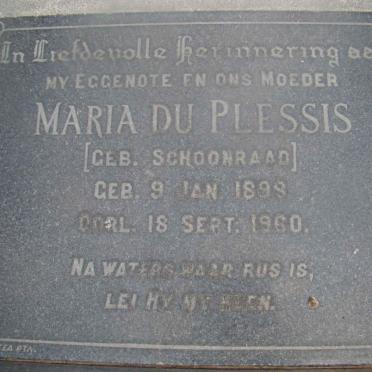 PLESSIS Maria, du nee SCHOONRAAD 1898-1960