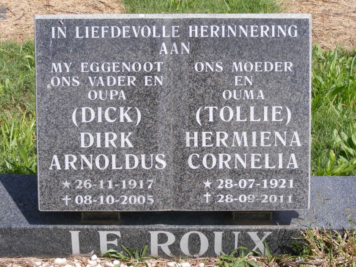 ROUX Dirk Arnoldus, le 1917-2005 &amp; Hermiena Cornelia 1921-2011