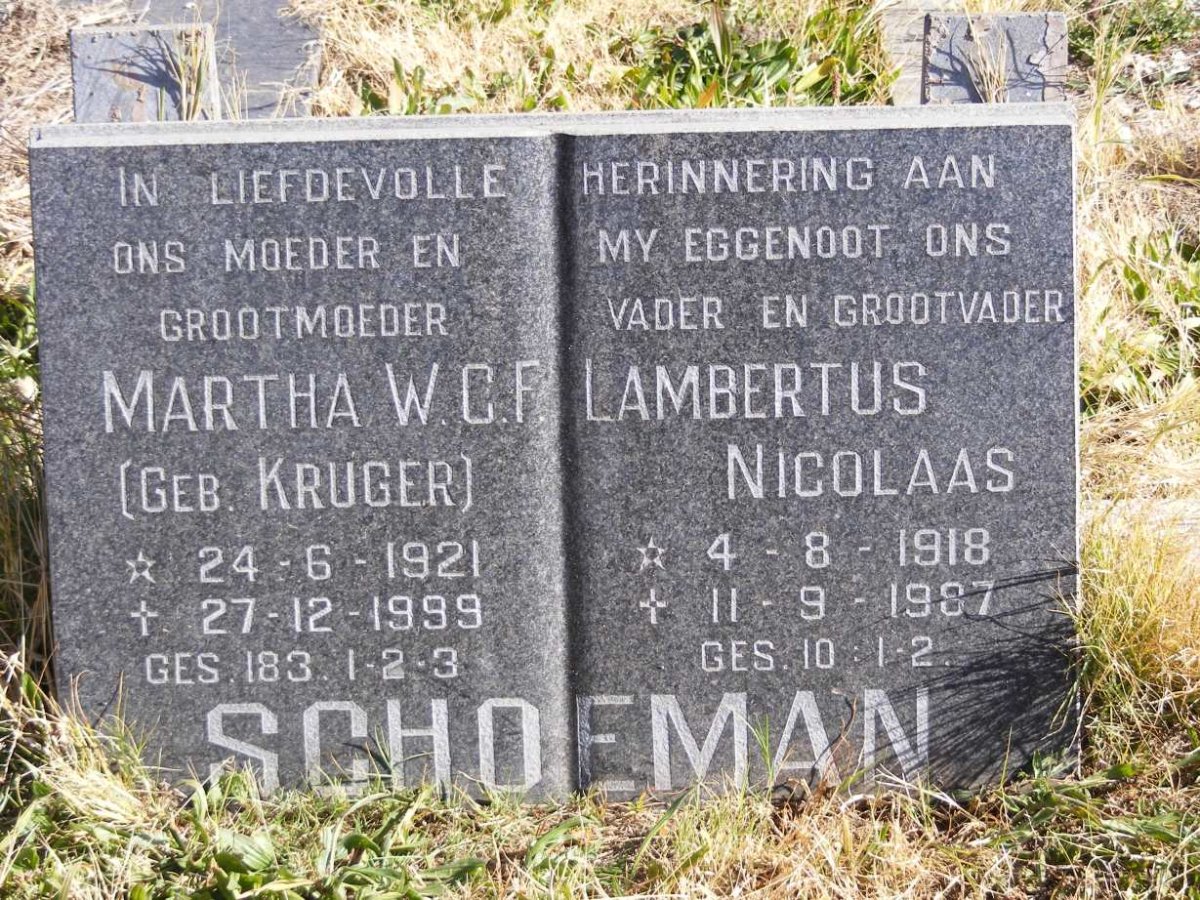 SCHOEMAN Lambertus Nicolaas 1918-1987 &amp; Martha W.C.F. KRUGER 1921-1999