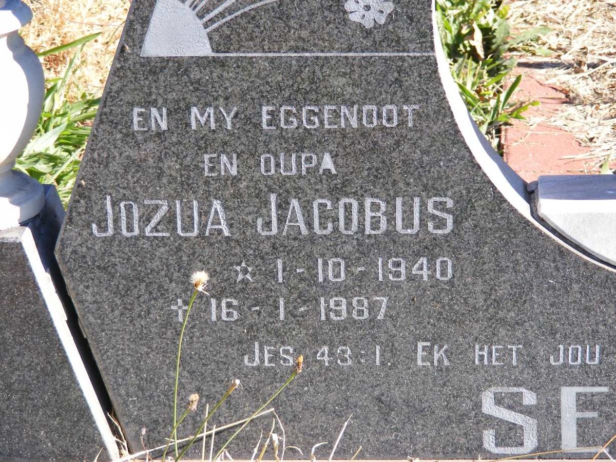 SENEKAL Jozua Jacobus 1940-1987 &amp; Susanna Carolina DE RU 1943-