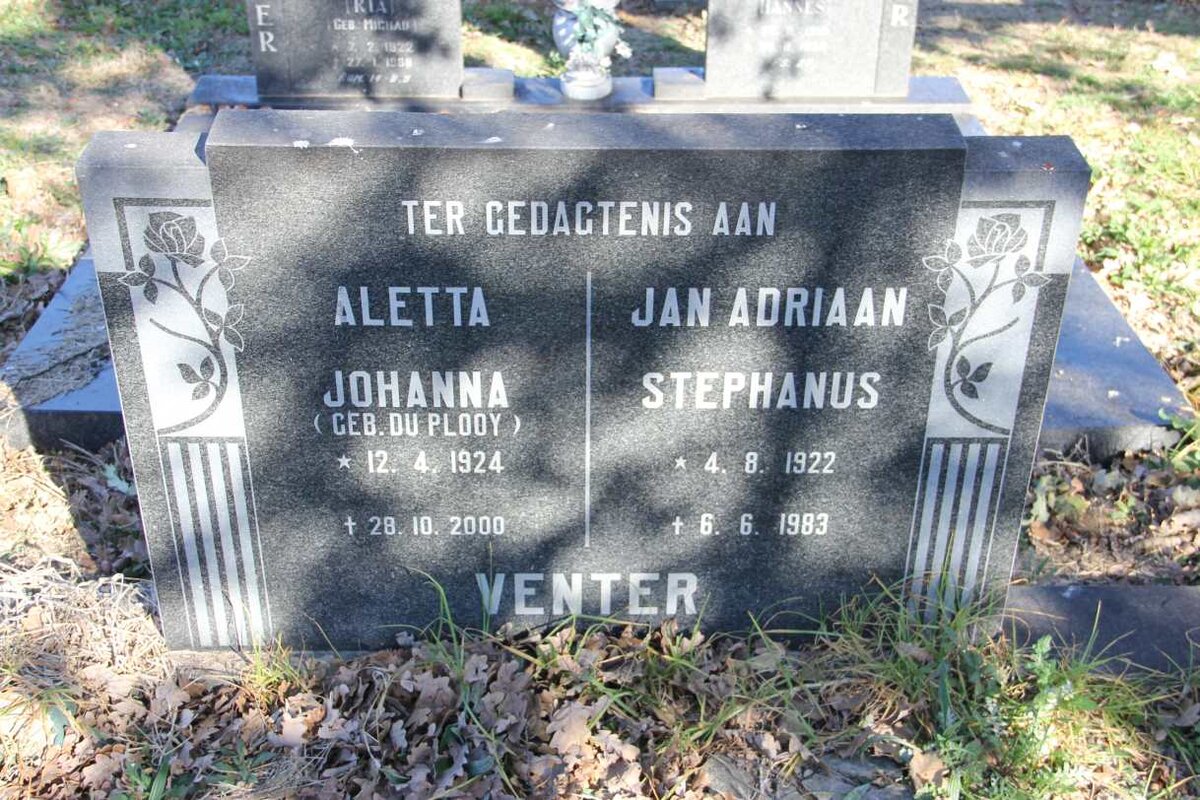 VENTER Jan Adriaan Stephanus 1922-1983 &amp; Aletta Johanna DU PLOOY 1924-2000