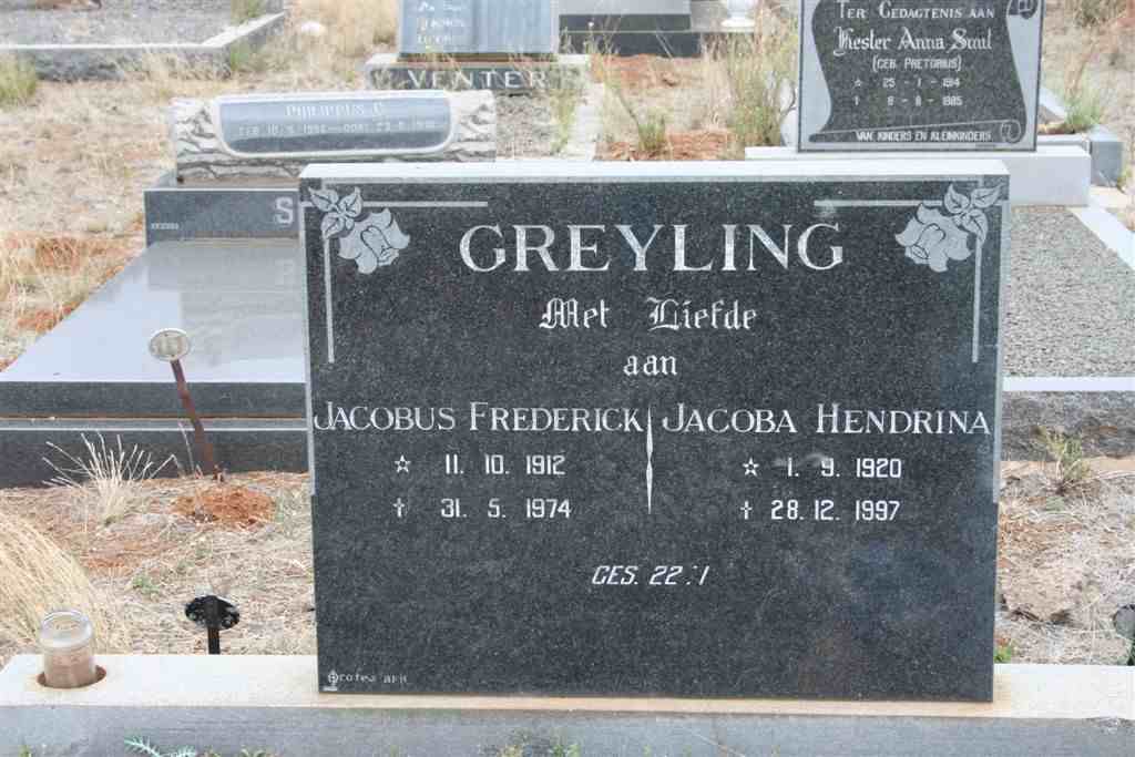 GREYLING Jacobus Frederick 1912-1974 &amp; Jacoba Hendrina 1920-1997