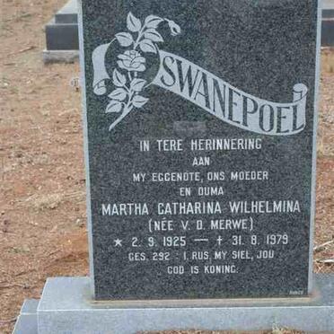 SWANEPOEL Martha Catharina Wilhelmina nee V.D. MERWE 1925-1979