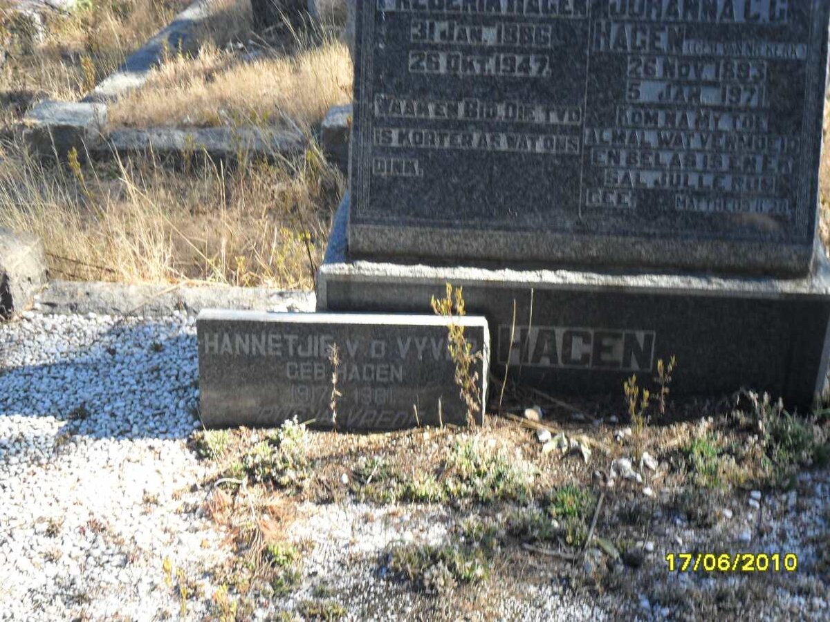 HAGEN Frederik 1886-1947 &amp; Johanna C.G. VAN NIEKERK 1893-1971 :: V.D. VYVER Hannetjie 1917-1981