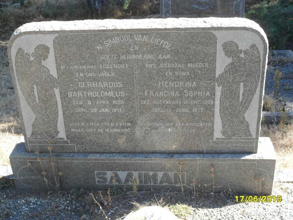 SAAIMAN Gerhardus Bartholomeus 1899-1951 &amp; Hendrina Francina Sophia KLEYNHANS 1906-1872