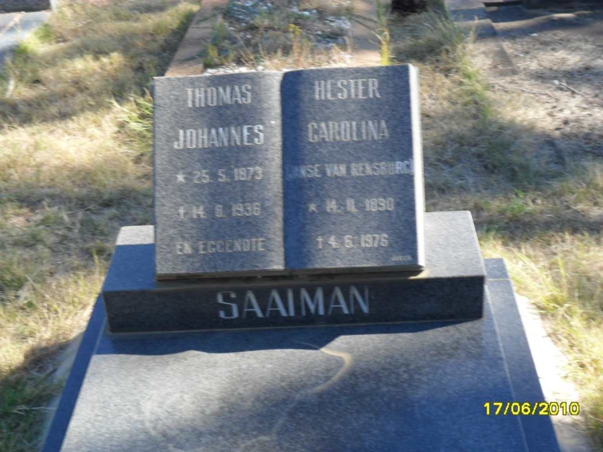 SAAIMAN Thomas Johannes 1873-1936 &amp; Hester Carolina JANSE VAN RENSBURG 1890-1976