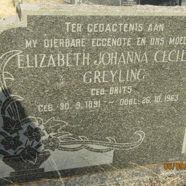 GREYLING Elizabeth Johanna Cecilia nee BRITS 1891-1963