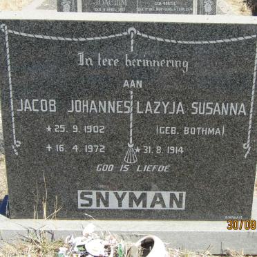 SNYMAN Jacob Johannes 1902-1972 &amp; Lazyja Susanna BOTHMA 1914-