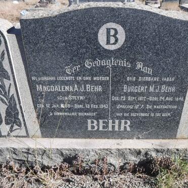 BEHR Burgert M.J. 1872-1945 &amp; Magdalena A.J. STEYN 1888-1943