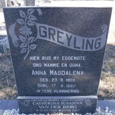 GREYLING Anna Magdalena 1909-1987 :: VAN DER BERG Catherina Susanna 1950-2017