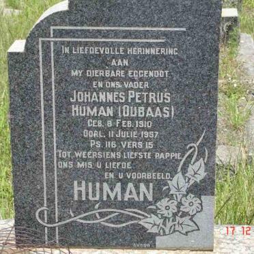 HUMAN Johannes Petrus 1910-1957 &amp; Petronella Dorothea PRETORIUS previously HUMAN née DU PLESSIS 1918-1996