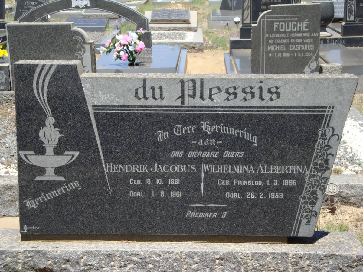 PLESSIS Hendrik Jacobus, du 1881-1961 &amp; Wilhelmina Albertina PRINSLOO 1896-1959