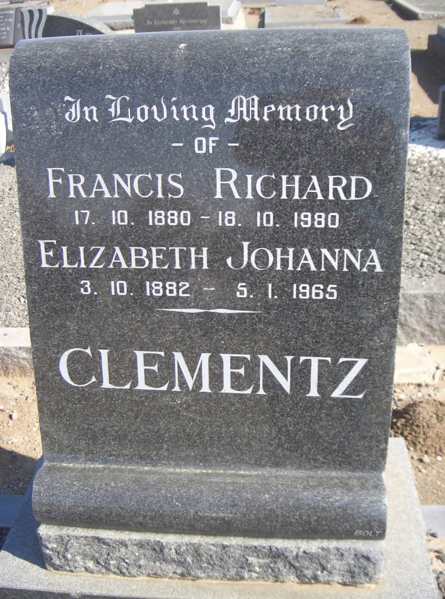 CLEMENTZ Francis Richard 1880-1980 &amp; Eizabeth Johanna 1882-1965