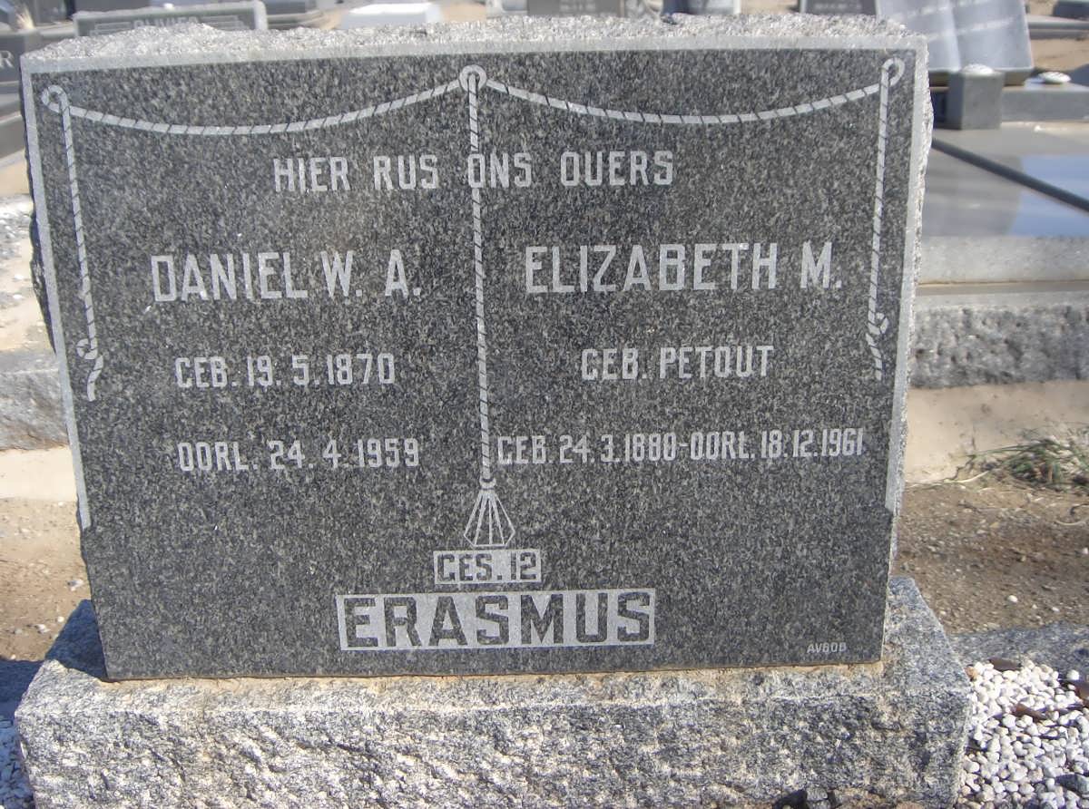 ERASMUS Daniel W.A. 1870-1959 &amp; Elizabeth M. PETOUT 1880-1961