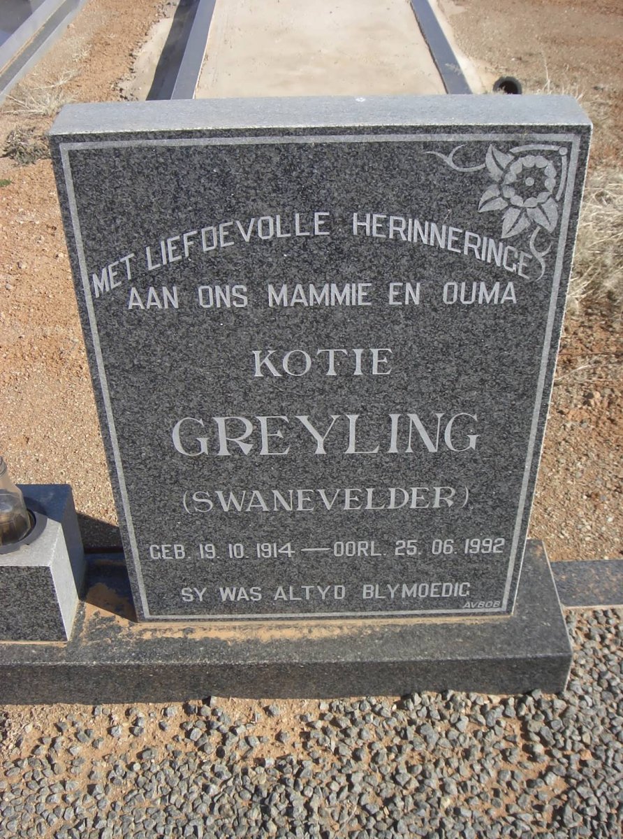 GREYLING Kotie nee SWANEVELDER 1914-1992