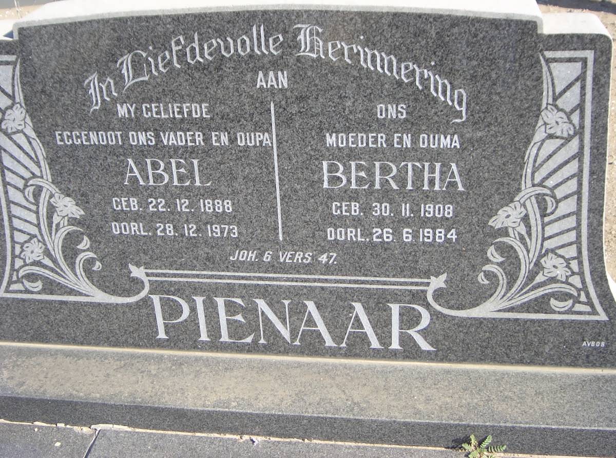 PIENAAR Abel 1888-1973 &amp; Bertha 1908-1984
