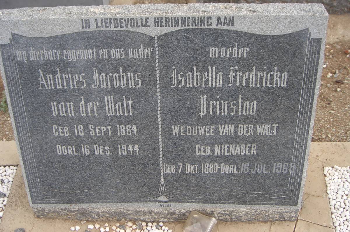 WALT Andries Jacobus, van der 1864-1944 &amp; Isabella Fredrika PRINSLOO nee NIENABER voorheen VAN DER WALT