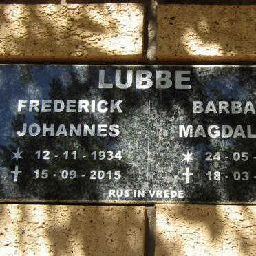 LUBBE Frederick Johannes 1934-2015 &amp; Barbara Magdalena 1932-1986