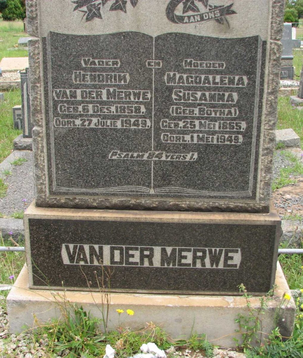 MERWE Hendrik, van der 1858-1949 &amp; Magdalena Susanna BOTHA 1865-1949