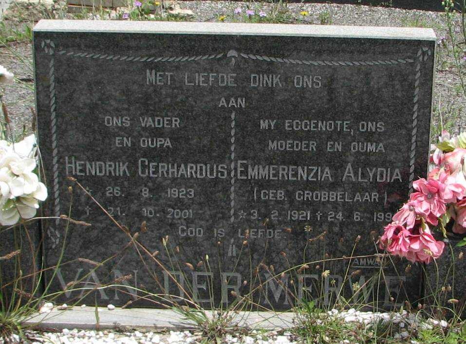 MERWE Hendrik Gerhardus, van der 1923-2001 &amp; Emmerenzia Alydia GROBBELAAR 1921-199?