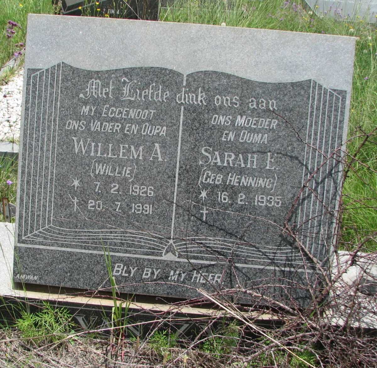 ZYL Willem A., van 1926-1991 &amp; Sarah E. HENNING 1935-