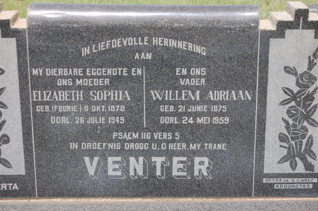 VENTER Willem Adriaan 1875-1959 &amp; Elizabeth Sophia FOURIE 1878-1949