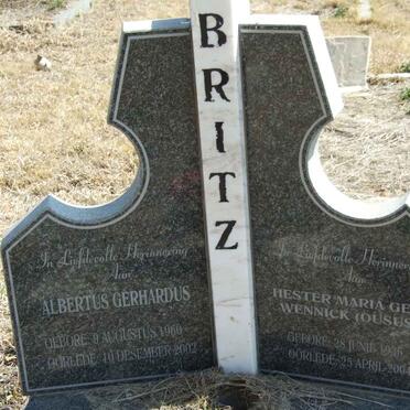 BRITZ Albertus Gerhardus 1960-2002 :: BRITZ Hester Maria nee WENNICK 1936-2004