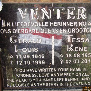 VENTER Gerald Louis 1946-1999 &amp; Tessa René 1955-2010