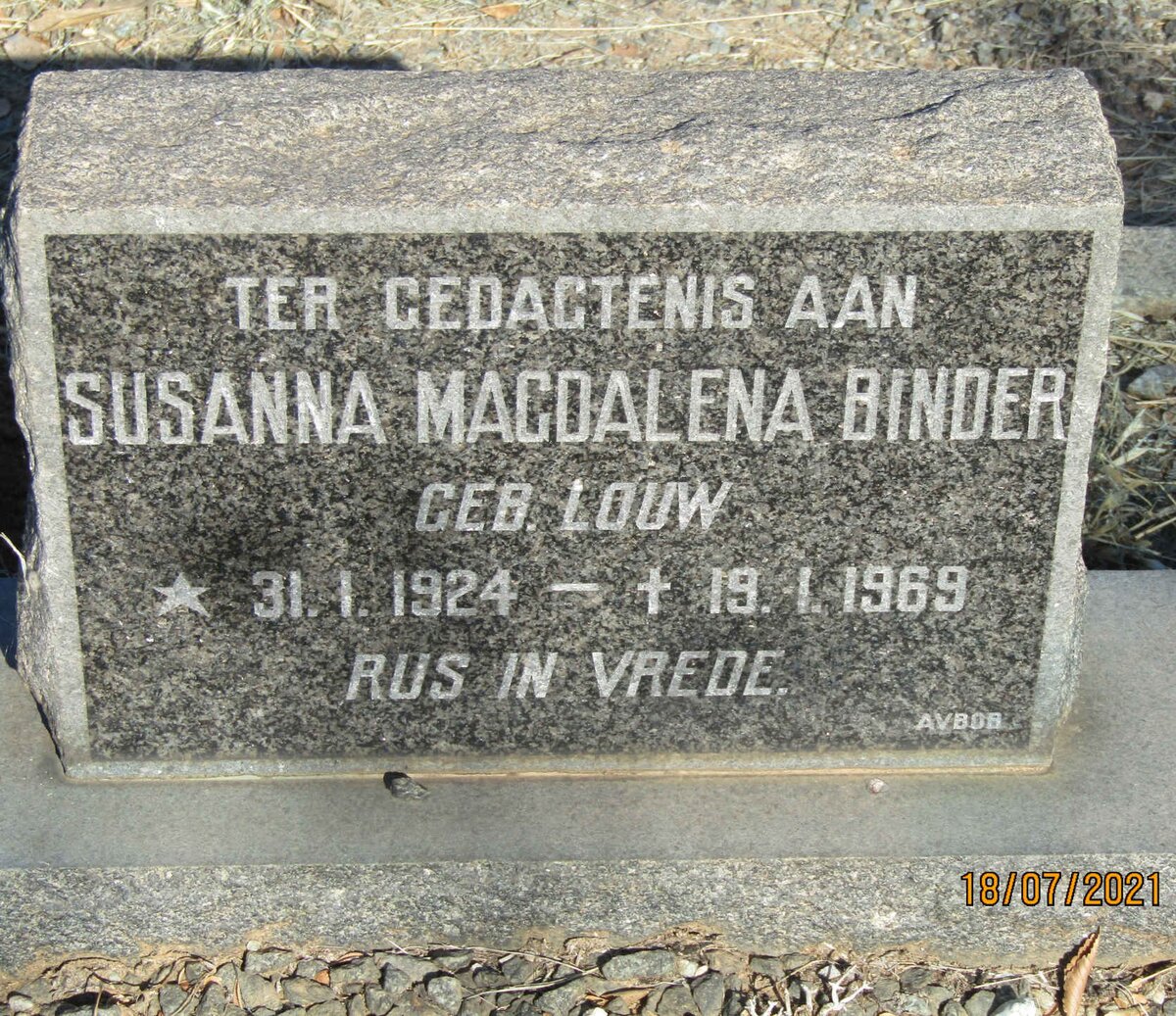 BINDER Susanna Magdalena nee LOUW 1924-1969