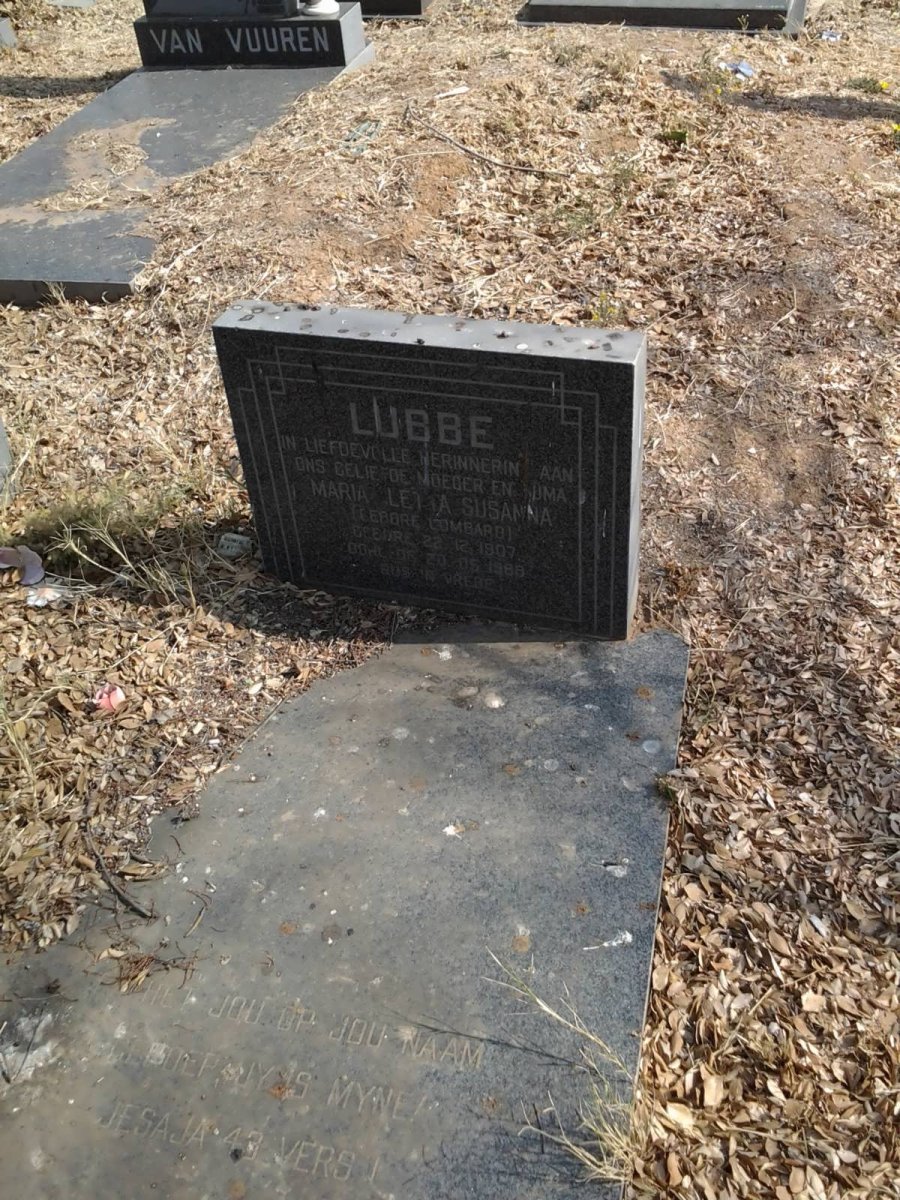 LUBBE Maria Aletta Susanna nee LOMBARD 1907-1988