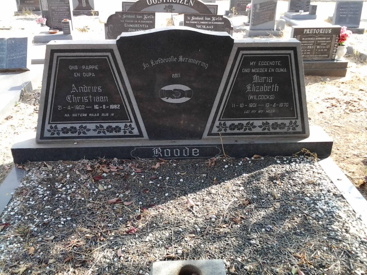 ROODE Andries Christiaan 1902-1982 &amp; Maria Elizabeth WILCOCKS 1901-1970