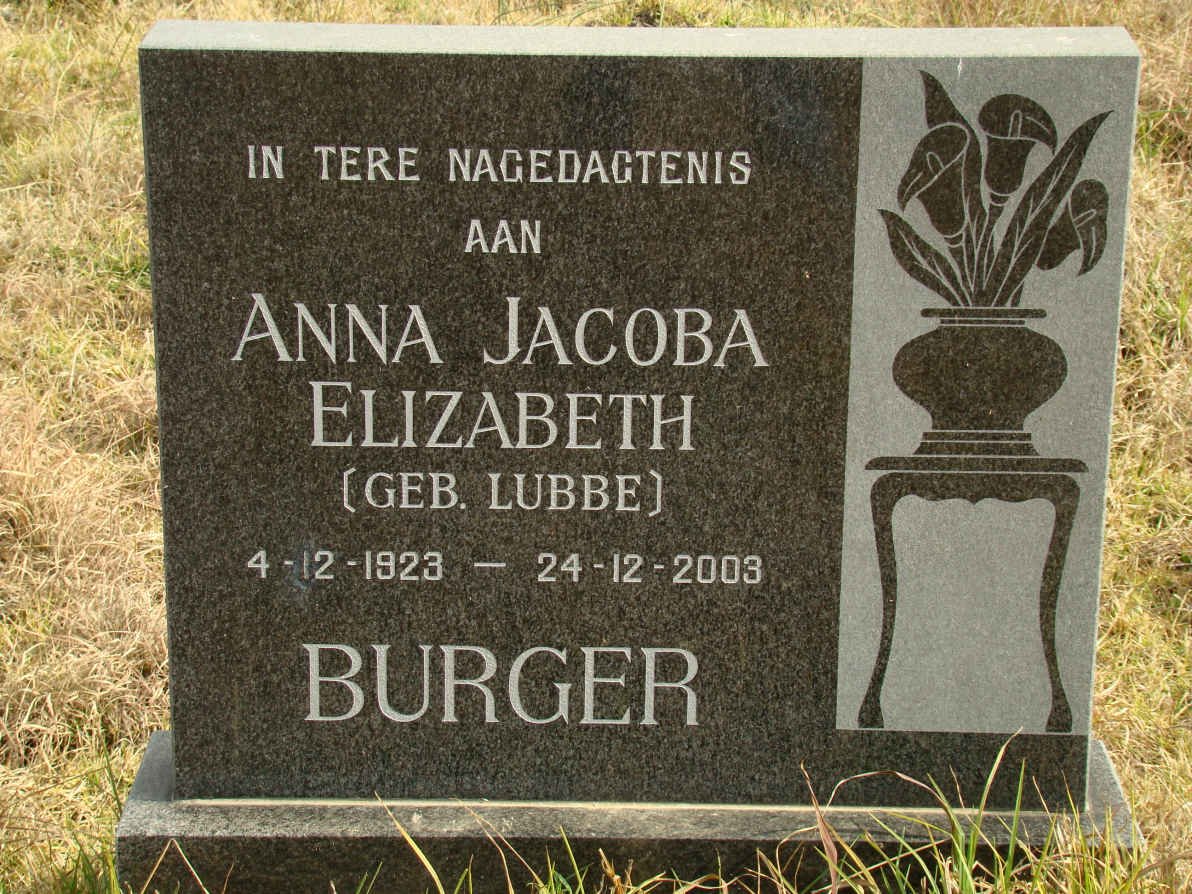 BURGER Anna Jacoba Elizabeth nee LUBBE 1923-2003