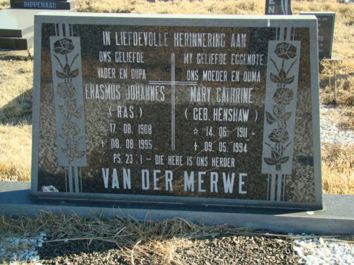 MERWE Erasmus Johannes,v.d 1908-1995 &amp; Mary Cathrine HENSHAW 1911-1994
