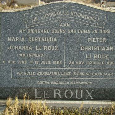 ROUX Pieter Christiaan, le 1870-1955 &amp; Maria Gertruida Johanna LOURENS 1869-1955